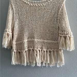 EUC. Free People, Cream Knit Fringe Sweater. PTP 18” and Lengtb 20”
